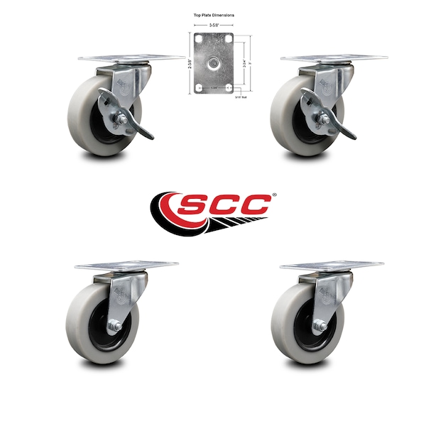 Service Caster 3 Inch Thermoplastic Wheel Top Plate Caster Set with 2 Brakes SCC-05S310-TPRS-SLB-TP2-2-S-2 - main